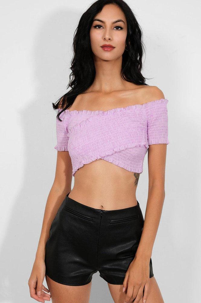 Lilac Wrap-Over Shirred Bardot Crop Top-SinglePrice