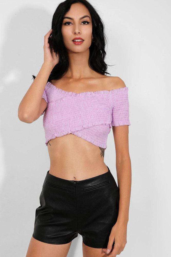 Lilac Wrap-Over Shirred Bardot Crop Top-SinglePrice