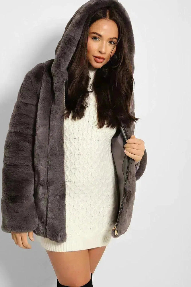 Super Soft Faux Fur Zipped Hooded Jacket-SinglePrice