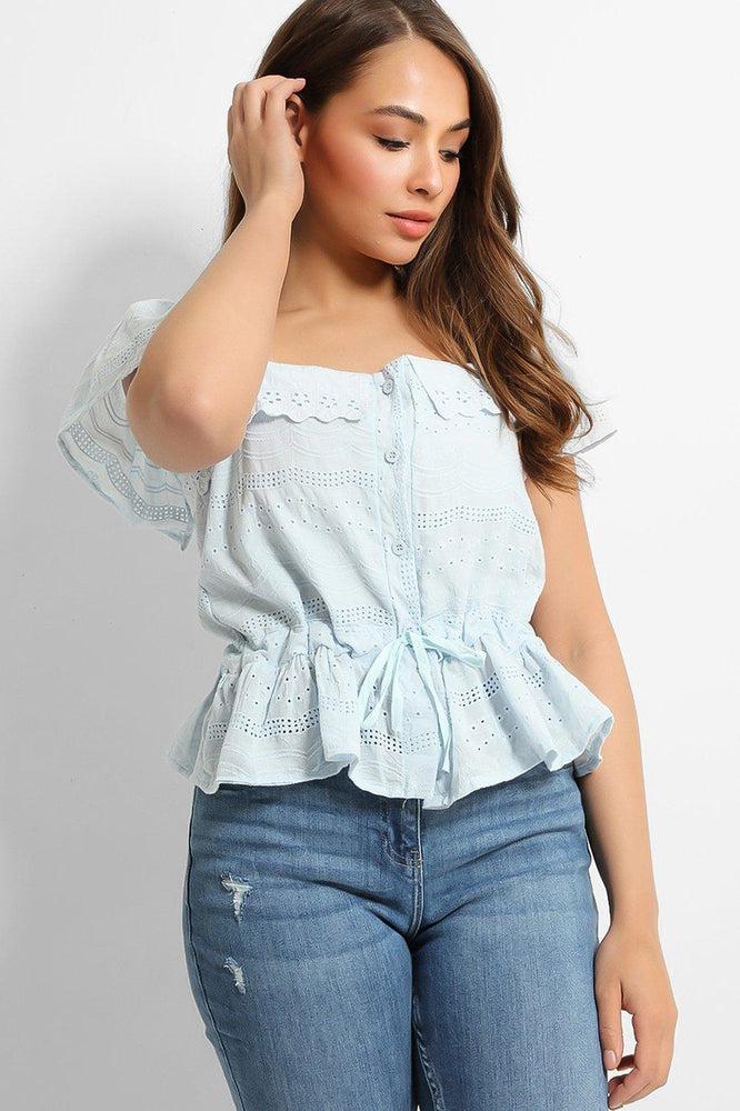 Blue Crochet Details Drawstring Waist Top-SinglePrice