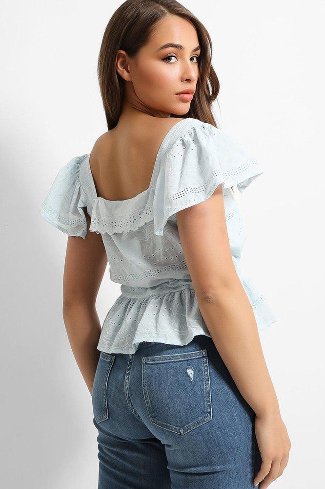 Blue Crochet Details Drawstring Waist Top-SinglePrice