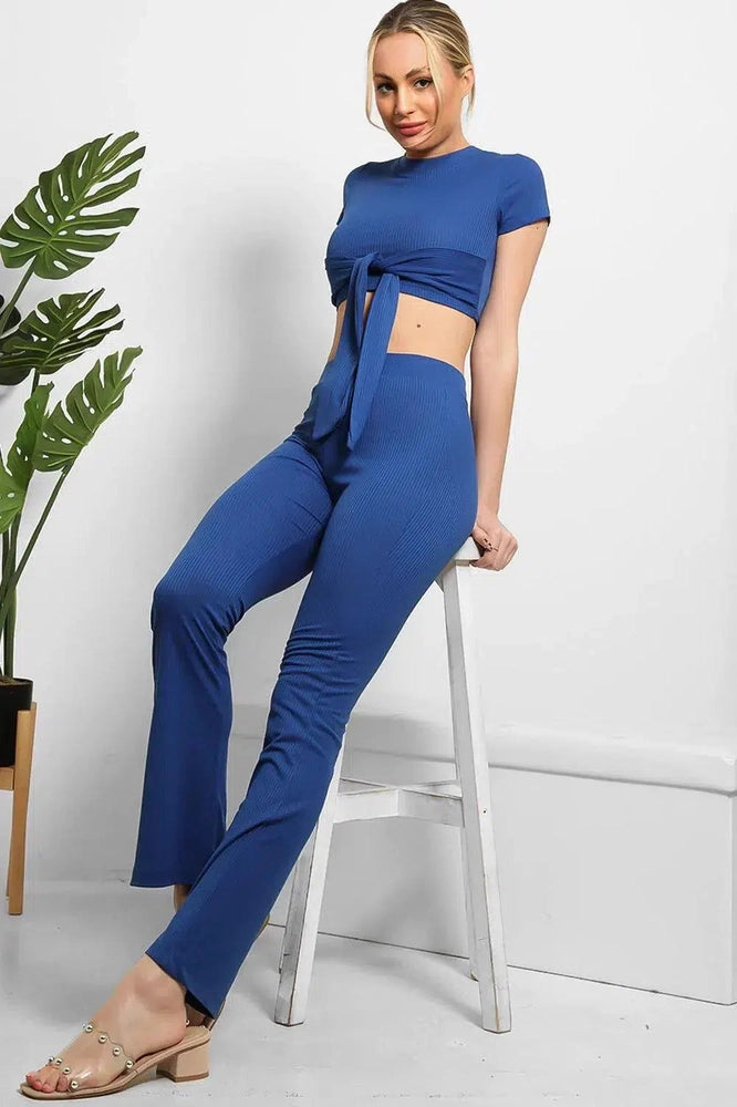 Ribbed Back/Front Tie Crop Top And Trousers Set-SinglePrice