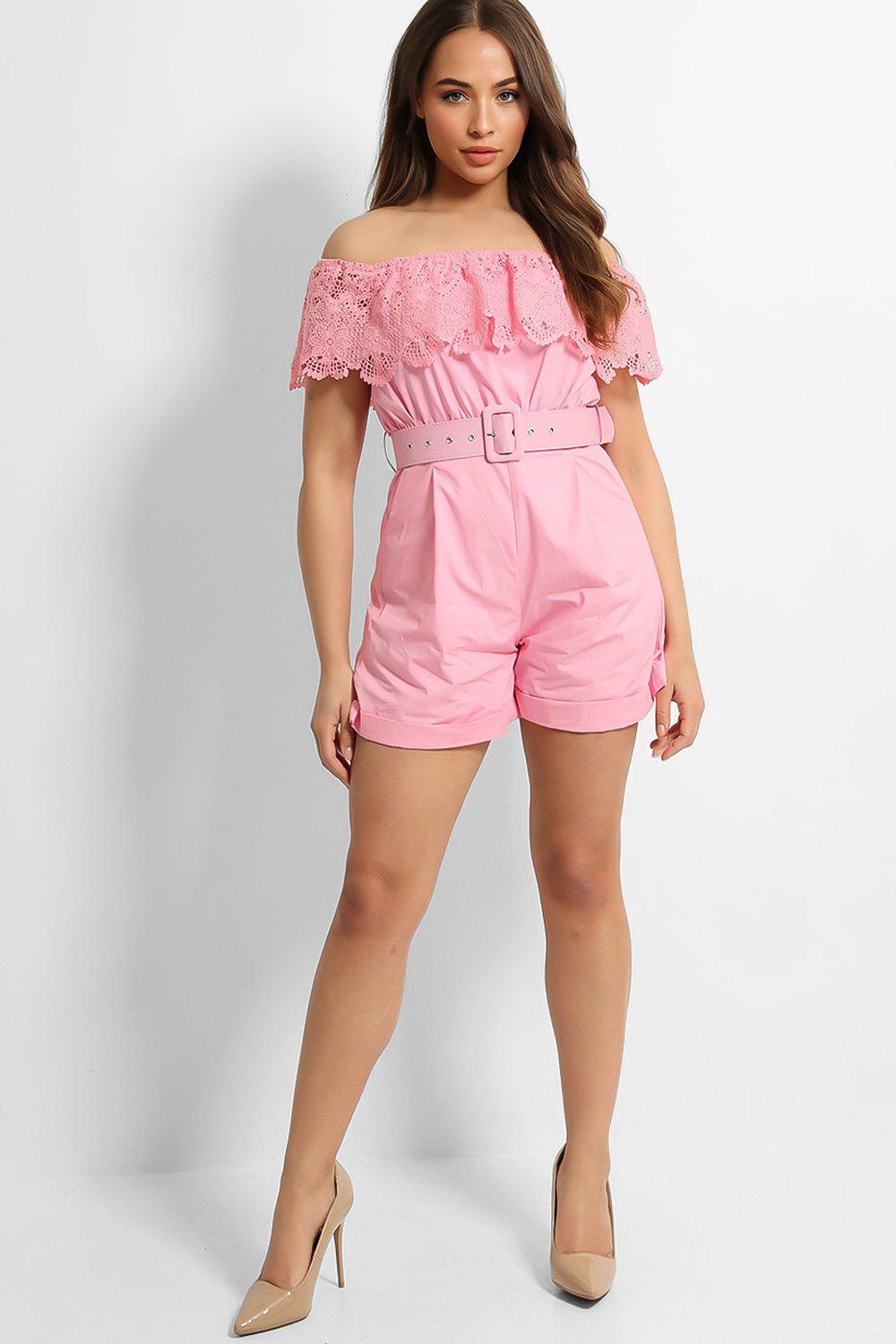 Pink Crochet Knit Off Shoulder Belted Playsuit-SinglePrice