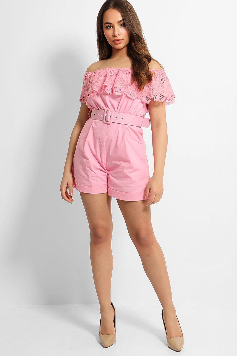 Pink Crochet Knit Off Shoulder Belted Playsuit-SinglePrice