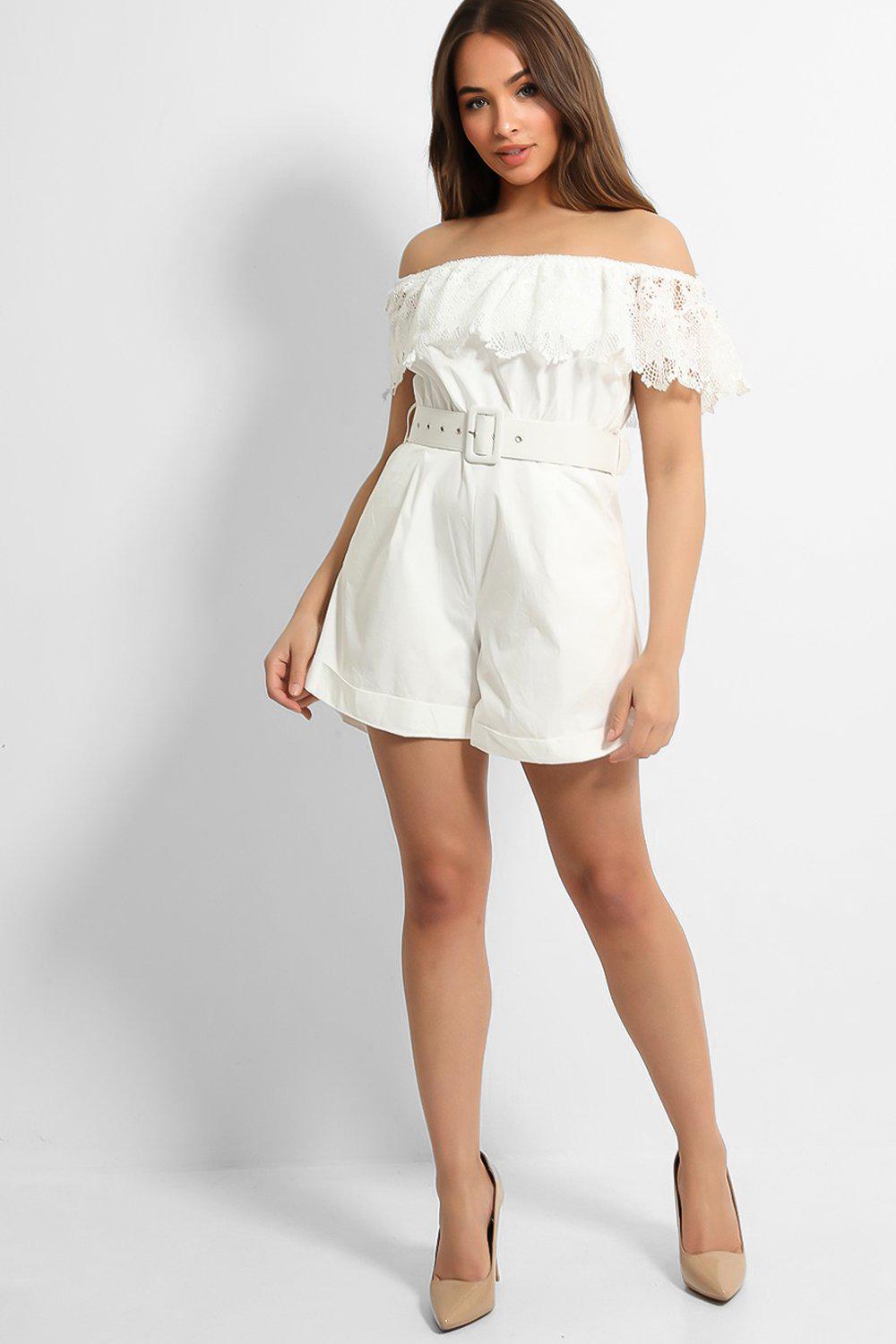 White Crochet Knit Off Shoulder Belted Playsuit-SinglePrice