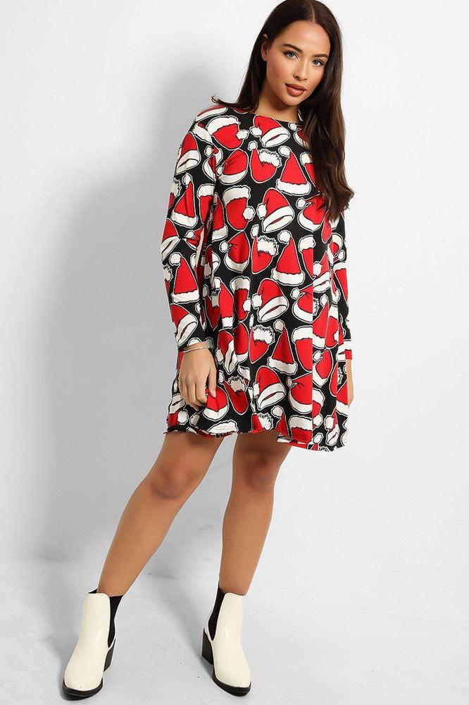 Black Santa's Hat Red Christmas Swing Dress Black Santa's Hat Red Christmas Swing Dress