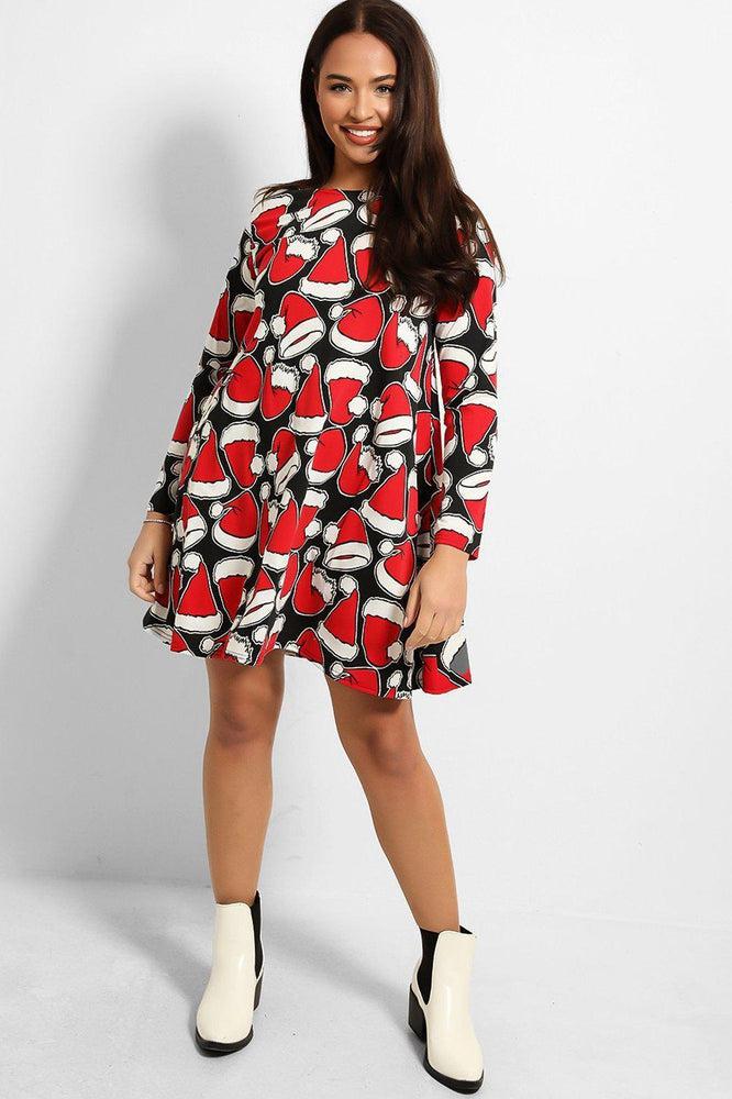 Black Santa's Hat Red Christmas Swing Dress-SinglePrice