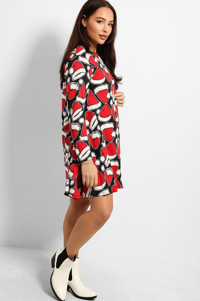 Black Santa's Hat Red Christmas Swing Dress-SinglePrice