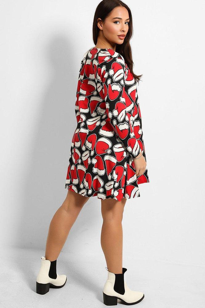 Black Santa's Hat Red Christmas Swing Dress-SinglePrice