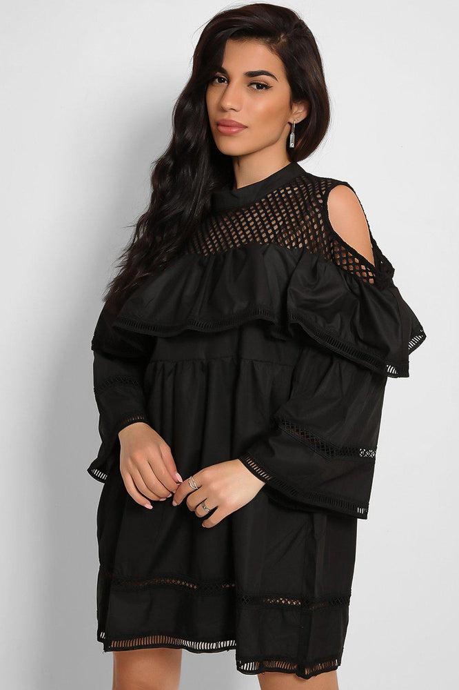 Black Net Panels Babydoll Dress-SinglePrice