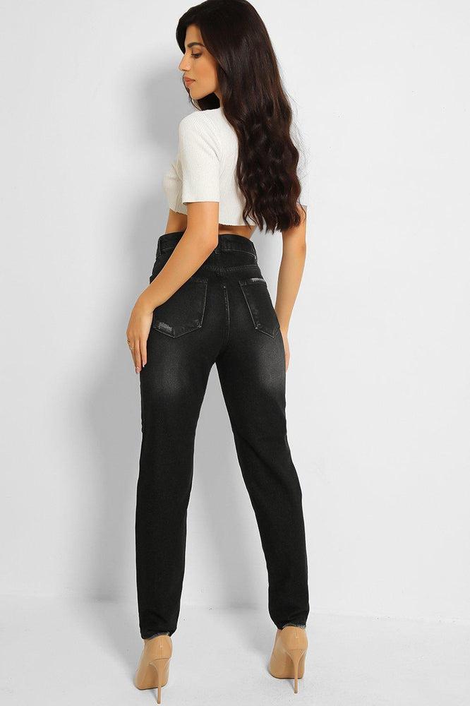 Charcoal Grey Distressed High Waist Taper Mom Jeans-SinglePrice