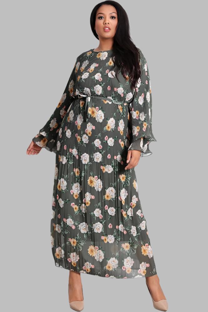 Floral Print Pleated Front Waist Tie Modest Dress-SinglePrice
