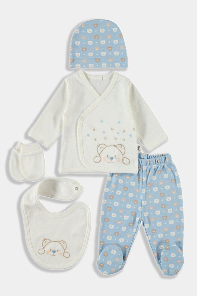 Blue Cuddly Bear Print 5 Piece Newborn Boy Set - SinglePrice