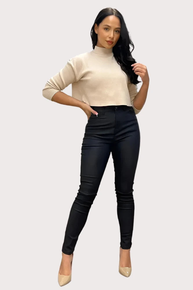 Black High Waisted Leather Coated Trousers-SinglePrice