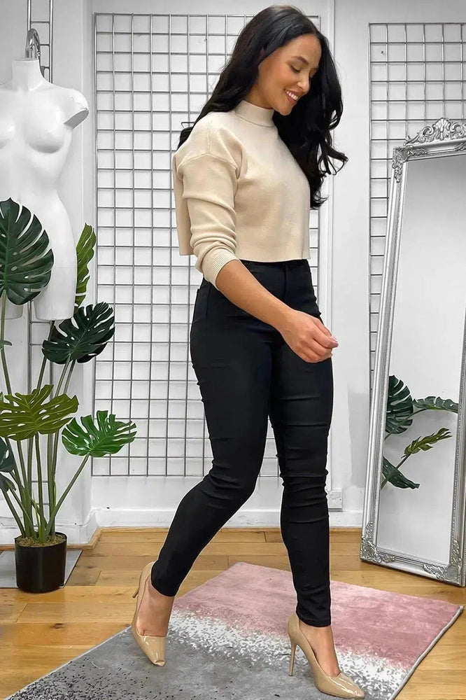 Black High Waisted Leather Coated Trousers-SinglePrice