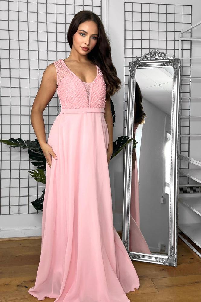 Pink Pearls Embellished Bodice Occasion Maxi Dress-SinglePrice