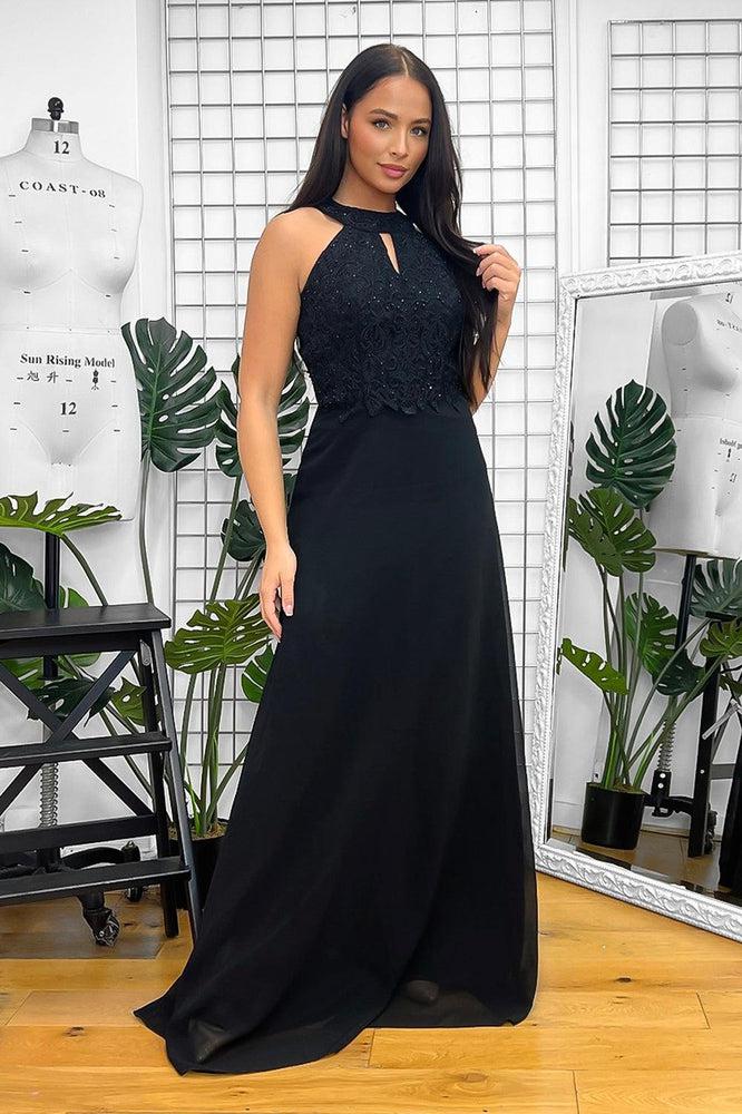 Black Beaded Lace Halter Neck Maxi Dress-SinglePrice