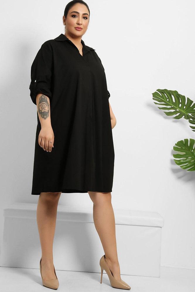 Side Pockets Cotton Shirt Dress-SinglePrice