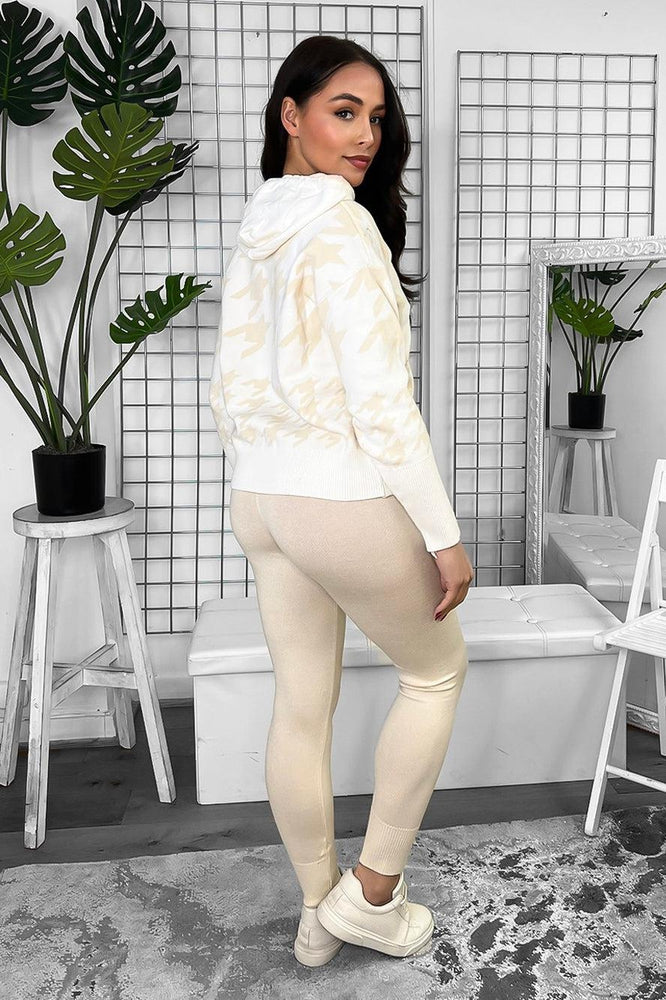 Cream Beige Monochrome Dogtooth Print Knitted Lounge Set-SinglePrice