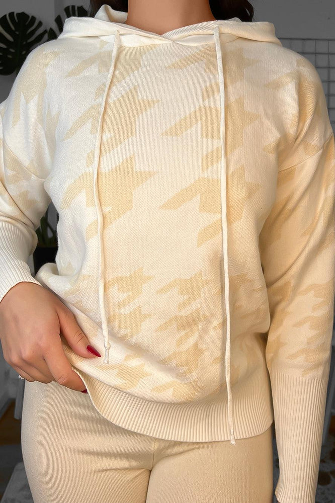 Cream Beige Monochrome Dogtooth Print Knitted Lounge Set-SinglePrice