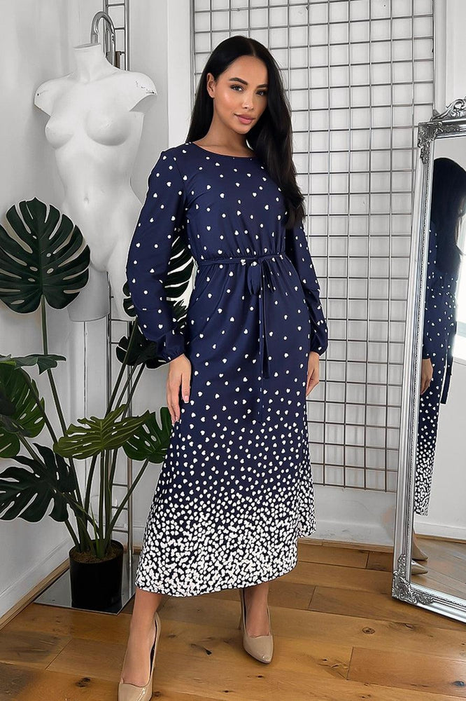 Navy Heart Shaped Polka Dot Slinky Midi Dress-SinglePrice