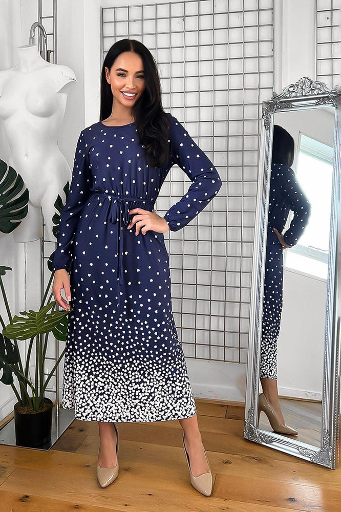 Navy Heart Shaped Polka Dot Slinky Midi Dress-SinglePrice