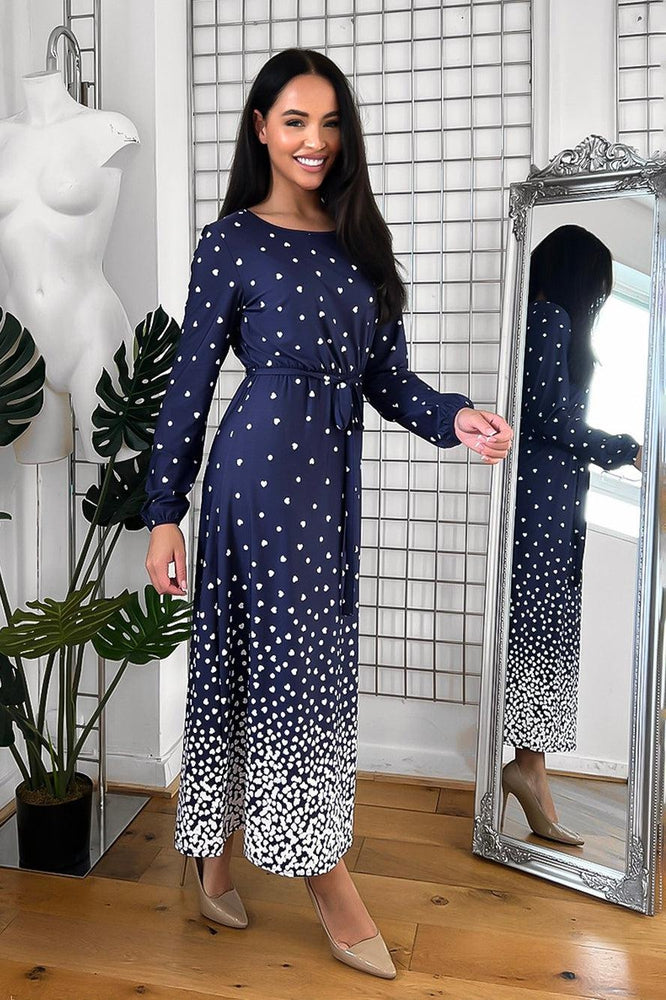 Navy Heart Shaped Polka Dot Slinky Midi Dress-SinglePrice