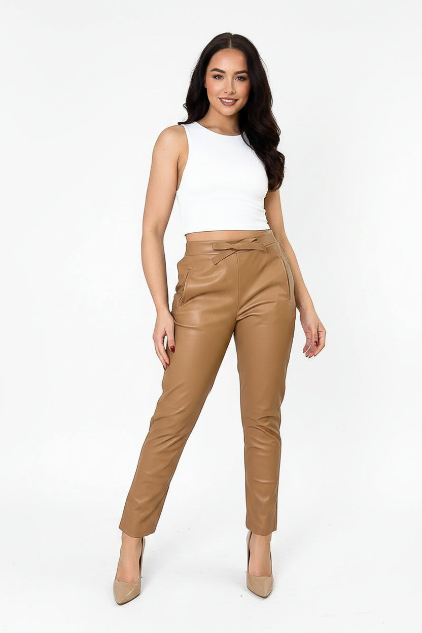 Faux Leather Belted Smart Trousers-SinglePrice