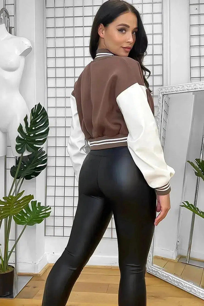 Vegan Leather Sleeves Cropped Varsity Jacket-SinglePrice