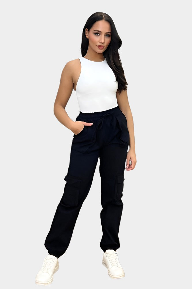 Utility Pockets Elastic Waist And Cuffs Cargo Trousers-SinglePrice