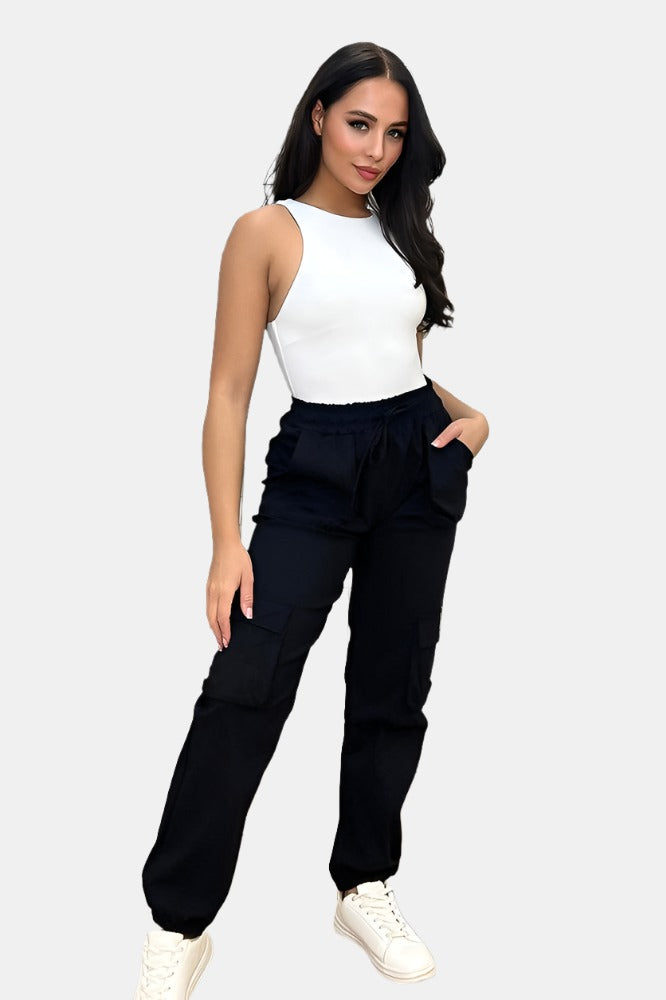 Utility Pockets Elastic Waist And Cuffs Cargo Trousers-SinglePrice