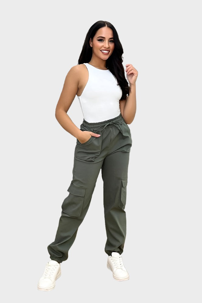 Utility Pockets Elastic Waist And Cuffs Cargo Trousers-SinglePrice