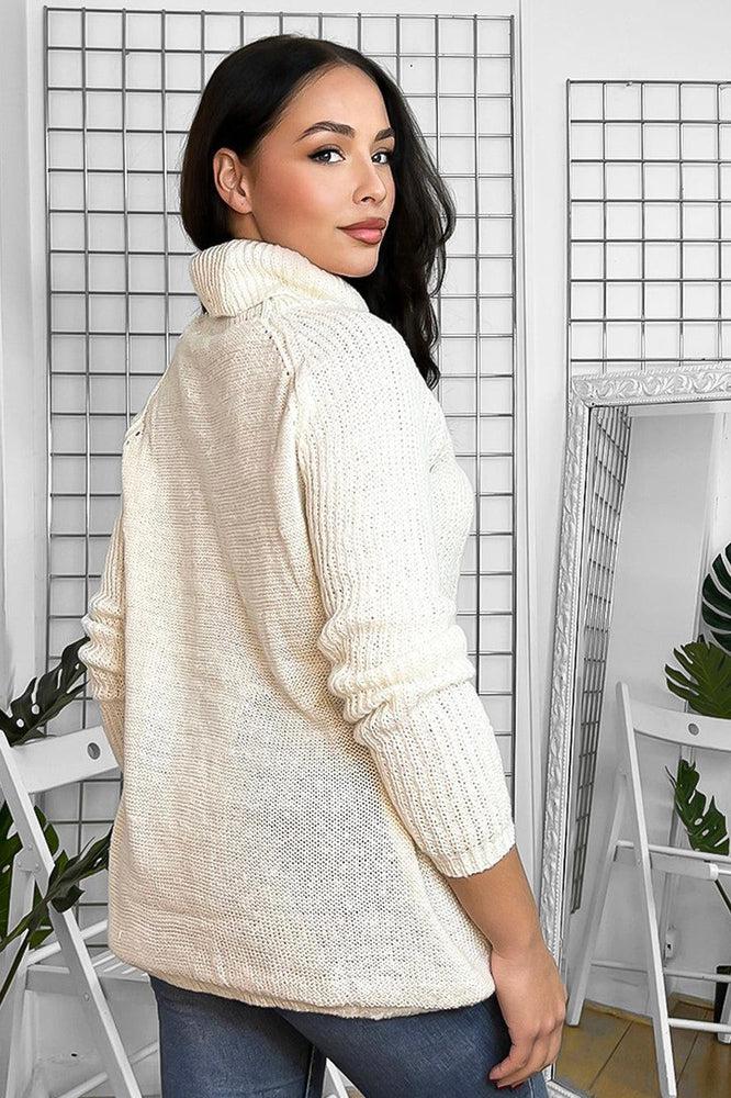 Off White Roll Neck Perforated Details Knitted Jumper-SinglePrice