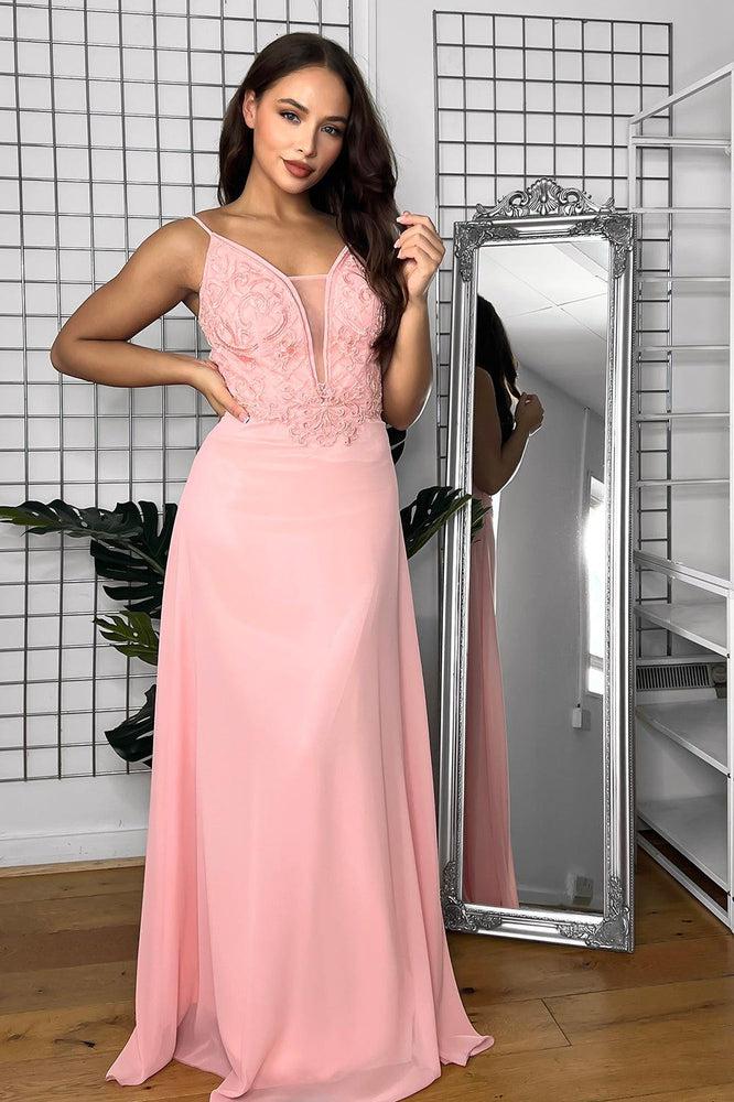 Pink Lace Embellished Bodice Occasion Maxi Dress-SinglePrice