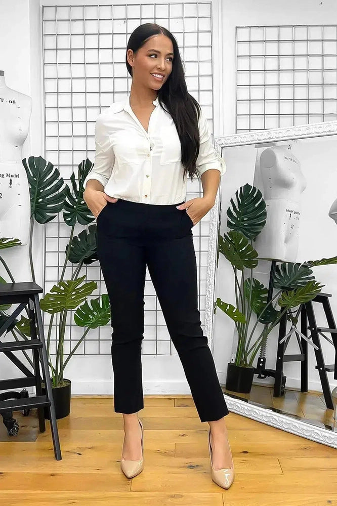 Black Front Pin Stripe Smart Cropped Trousers-SinglePrice