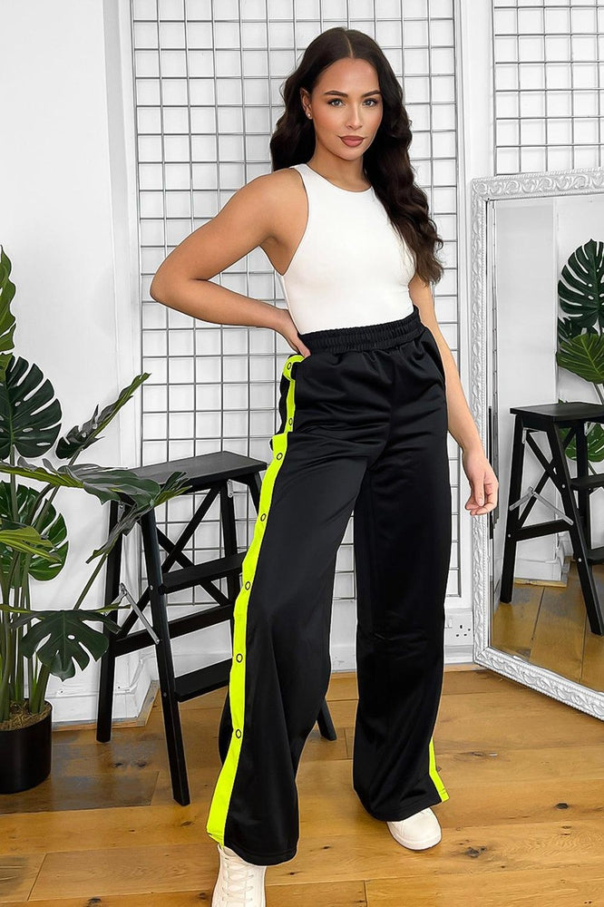 Black And Highlighter Yellow Popper Buttons Stripe Wide Leg Trousers-SinglePrice