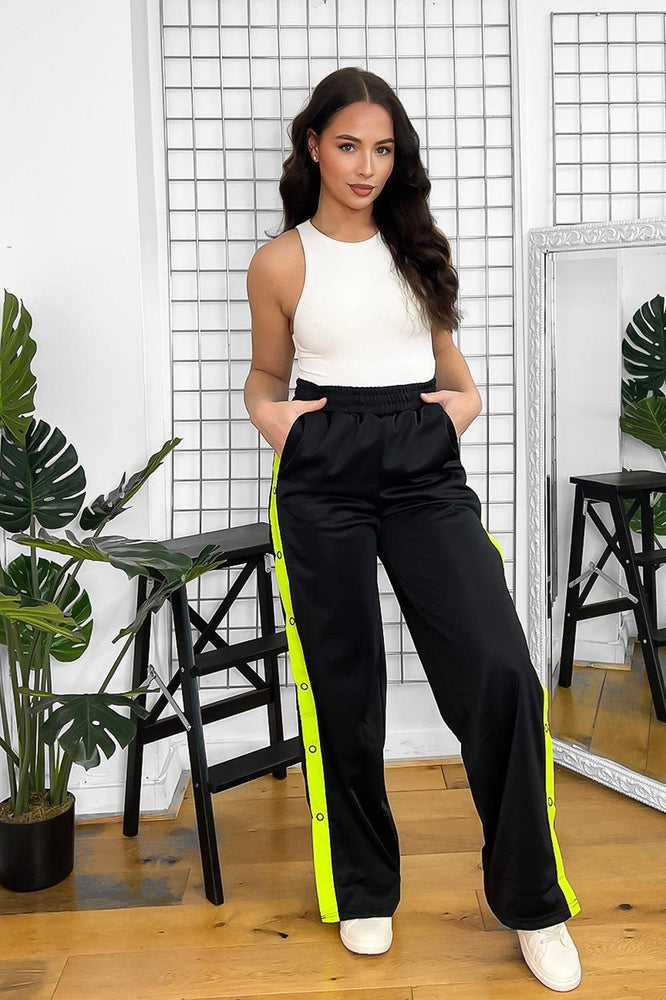 Black And Highlighter Yellow Popper Buttons Stripe Wide Leg Trousers-SinglePrice