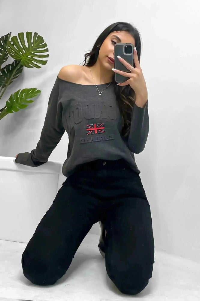 Dark Grey London Embossed Cropped Sweatshirt-SinglePrice