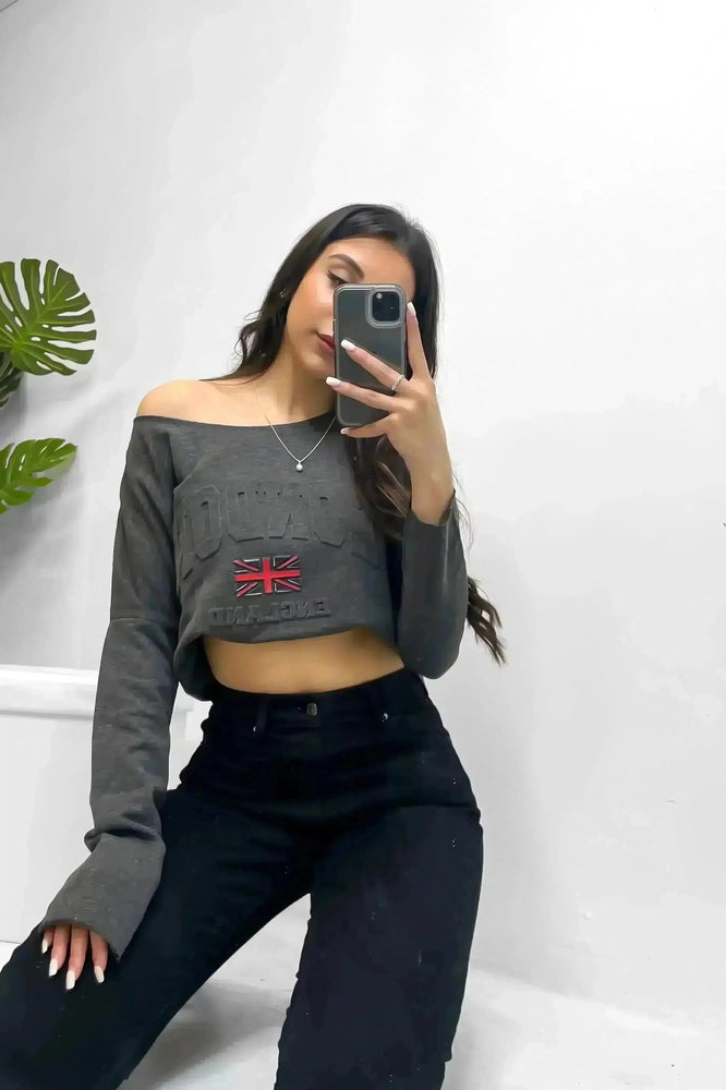 Dark Grey London Embossed Cropped Sweatshirt-SinglePrice