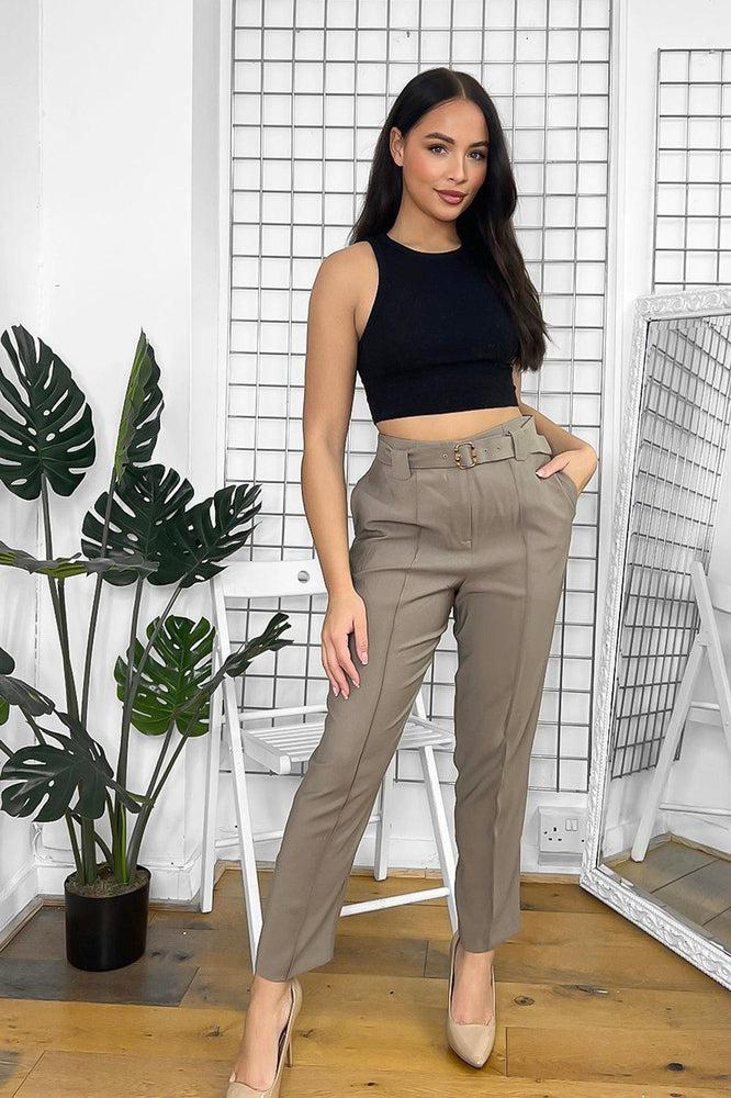 Khaki Gold Buckle Belt Smart Trousers-SinglePrice