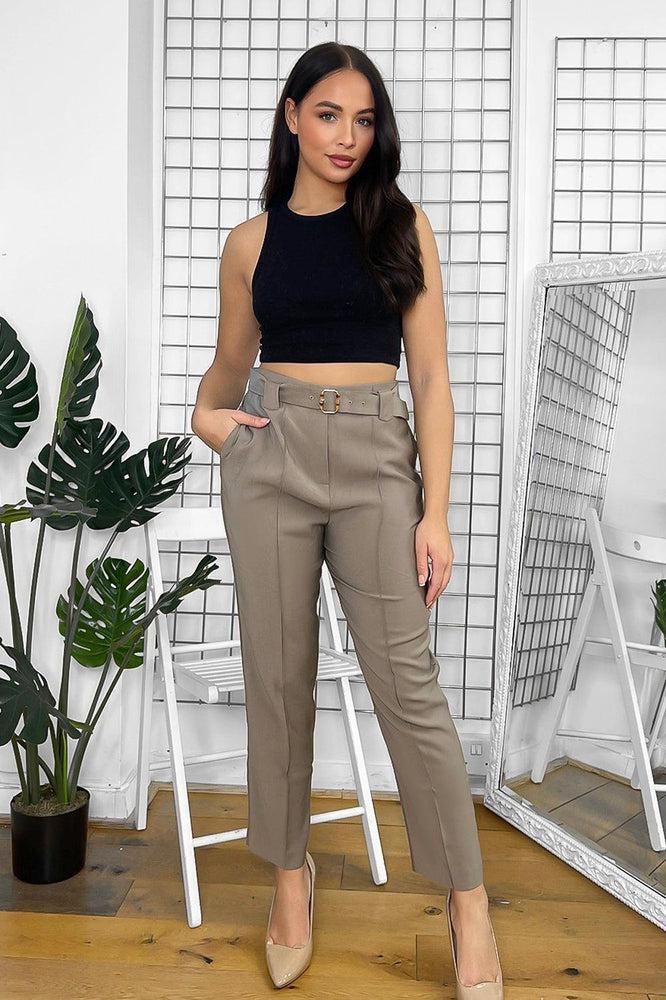 Khaki Gold Buckle Belt Smart Trousers-SinglePrice