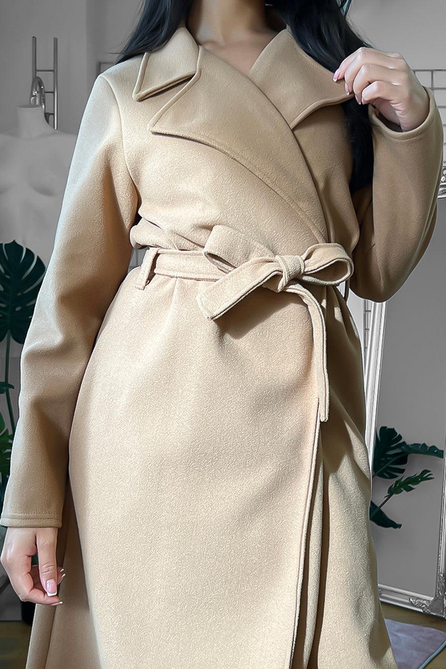 Solid Colour Self Tie Midi Classic Coat-SinglePrice