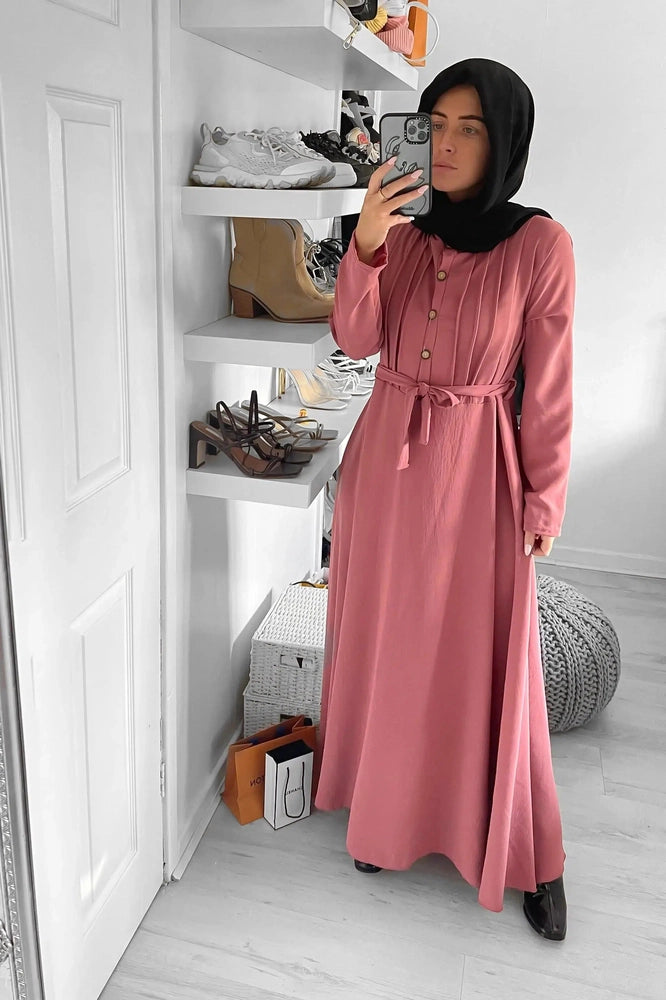 Button Down Front Pinned Pleat Modest Dress-SinglePrice