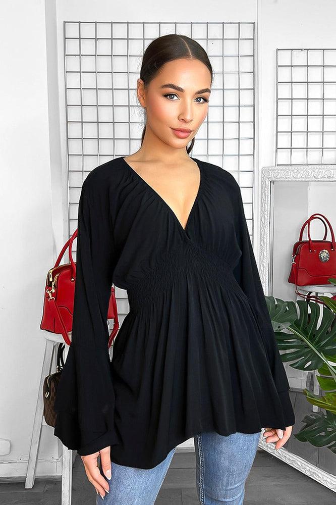 Shirrred Waist Deep V-Neck Blouse-SinglePrice