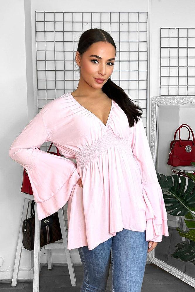 Shirrred Waist Deep V-Neck Blouse-SinglePrice