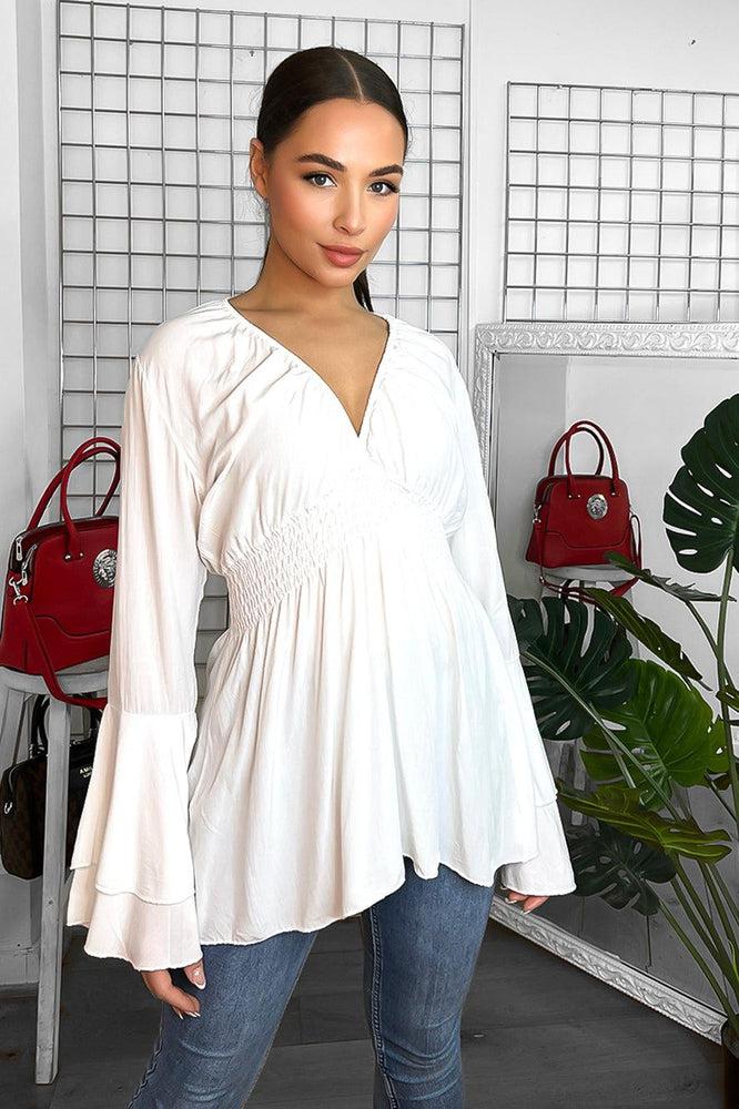 Shirrred Waist Deep V-Neck Blouse-SinglePrice