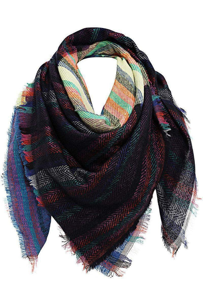Contrast Stripes Denim Blue Square Scarf - SinglePrice