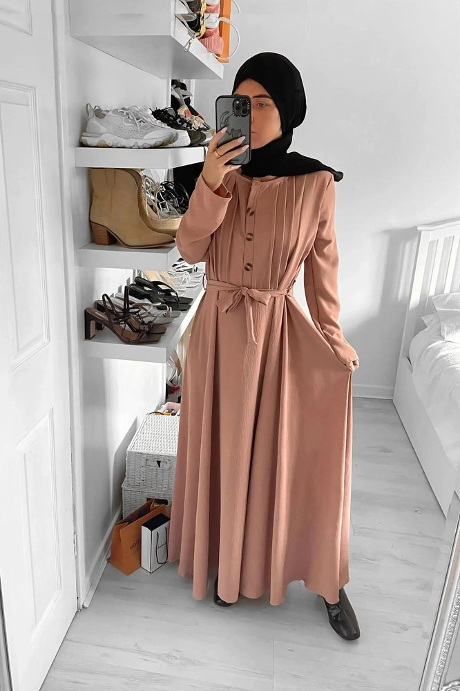 Button Down Front Pinned Pleat Modest Dress-SinglePrice