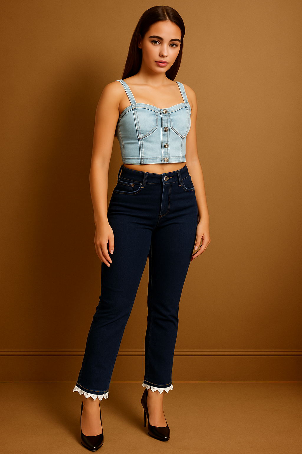 Navy Mid-Rise Crochet Lace Hem Jeans