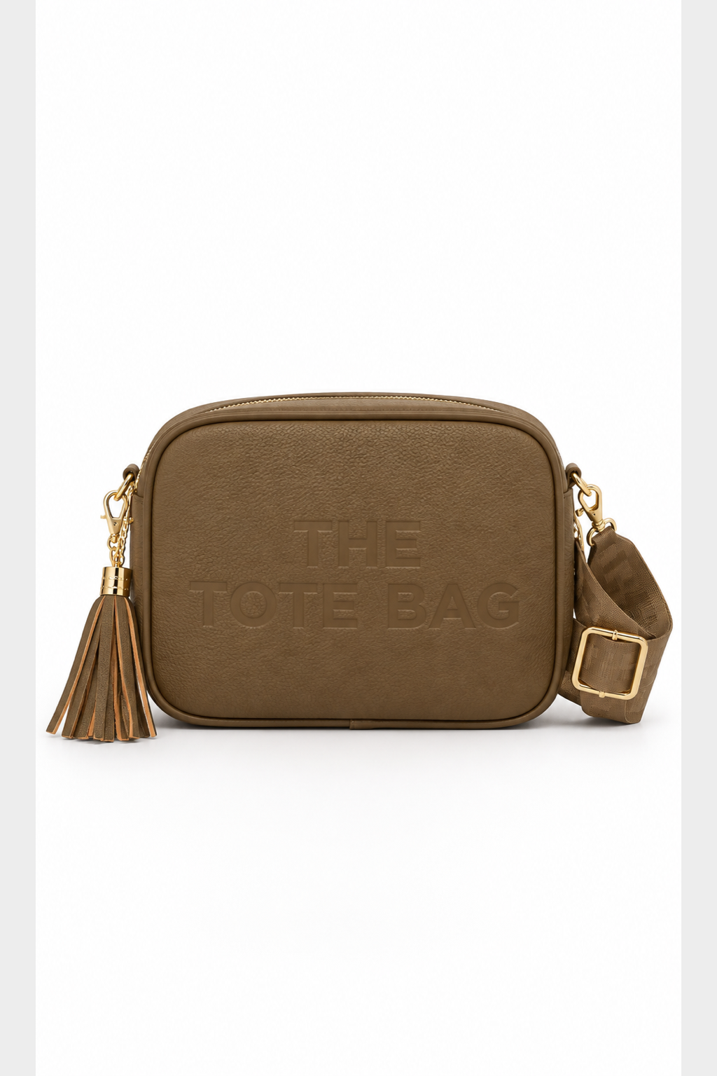 Embossed Slogan Tassel Camera Crossbody Bag